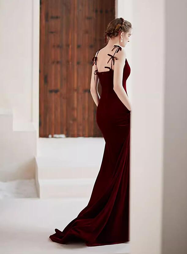 Tmallworld Wine Red Velvet V-neckline Mermaid Long Evening Dress, Wine Red Velvet Prom Dress