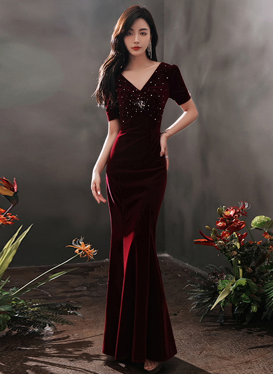 Tmallworld Wine Red Velvet Beaded Short Sleeves Long Party Dress, Wine Red Mermaid Prom Dress