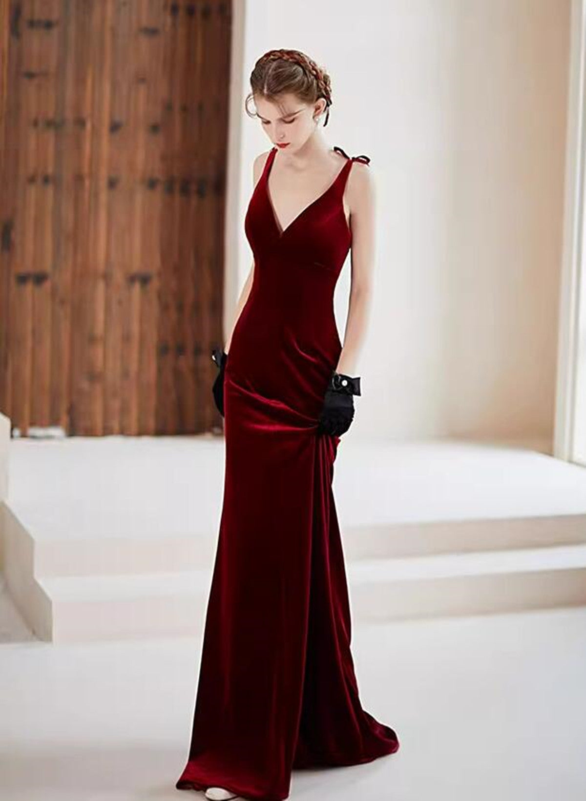 Tmallworld Wine Red Velvet V-neckline Mermaid Long Evening Dress, Wine Red Velvet Prom Dress