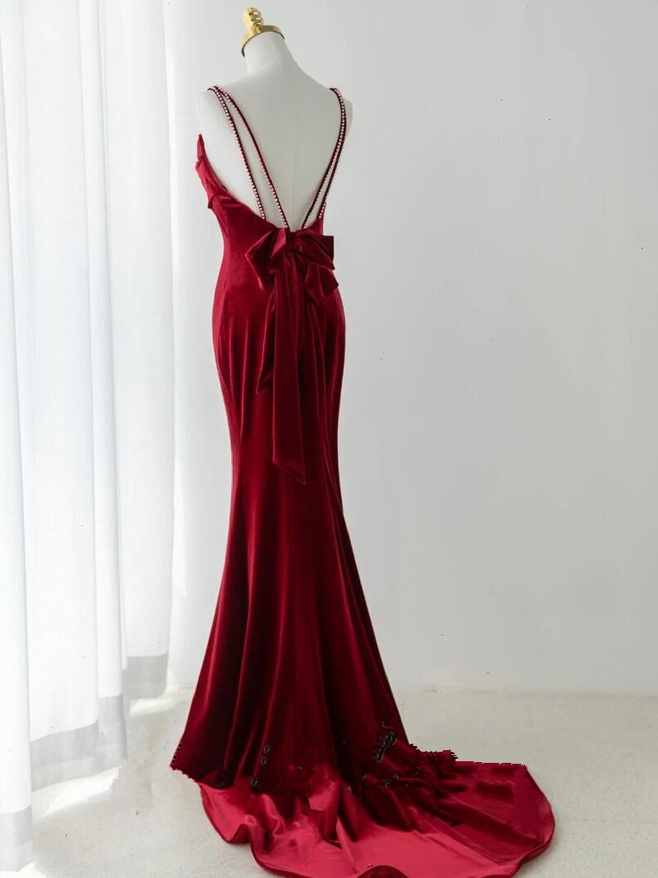 Tmallworld Wine Red Velvet Low Back Straps Long Party Dress, Wine Red Wedding Party Dress