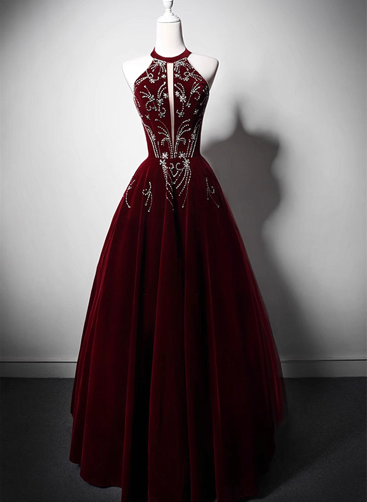 Tmallworld Wine Red Halter Velvet Long Beaded Prom Dress, A-line Velvet Formal Dress