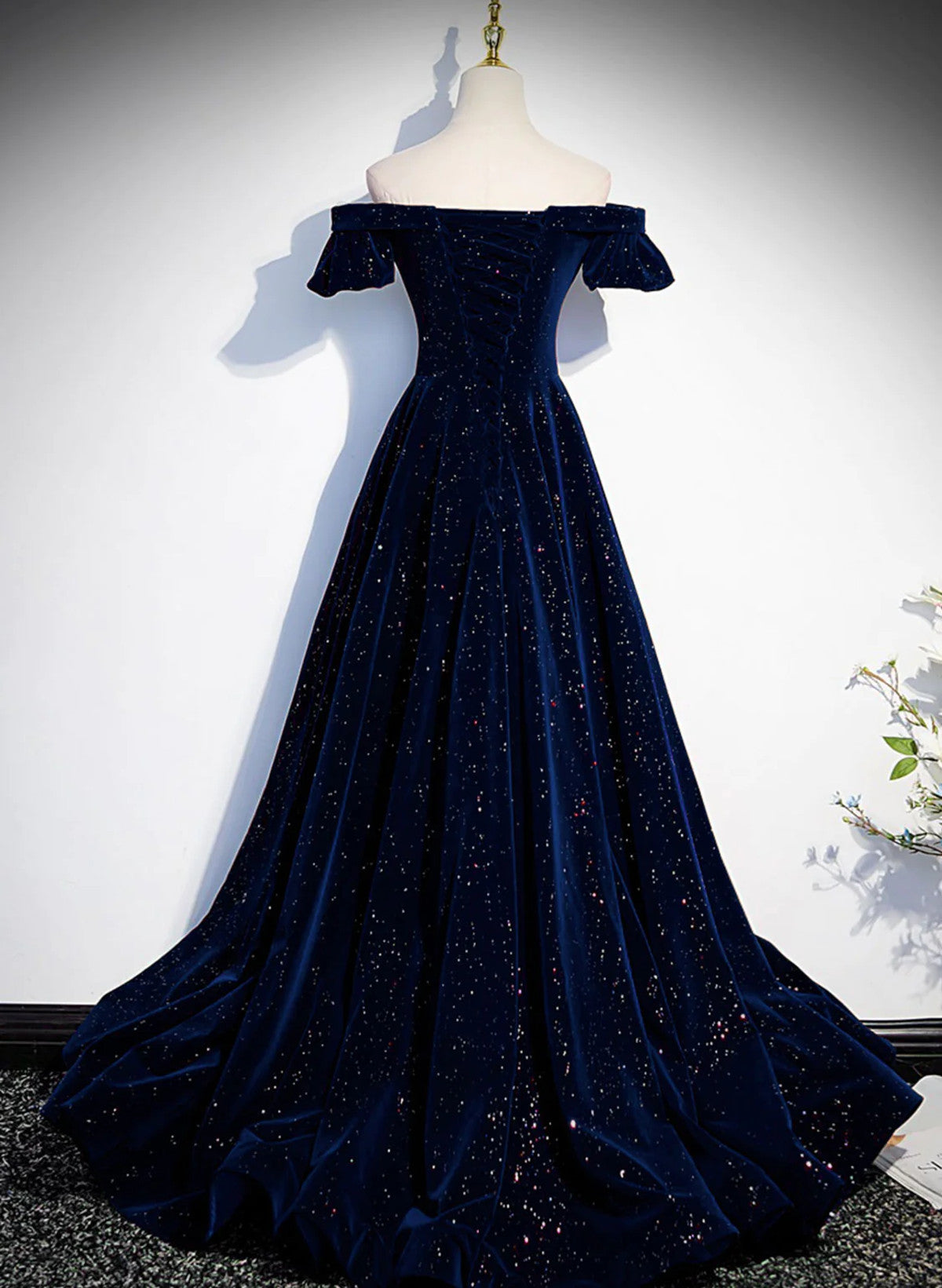 Tmallworld A-line Navy Blue Velvet Long Party Dress Prom Dress, Off Shoulder Navy Blue Formal Dress