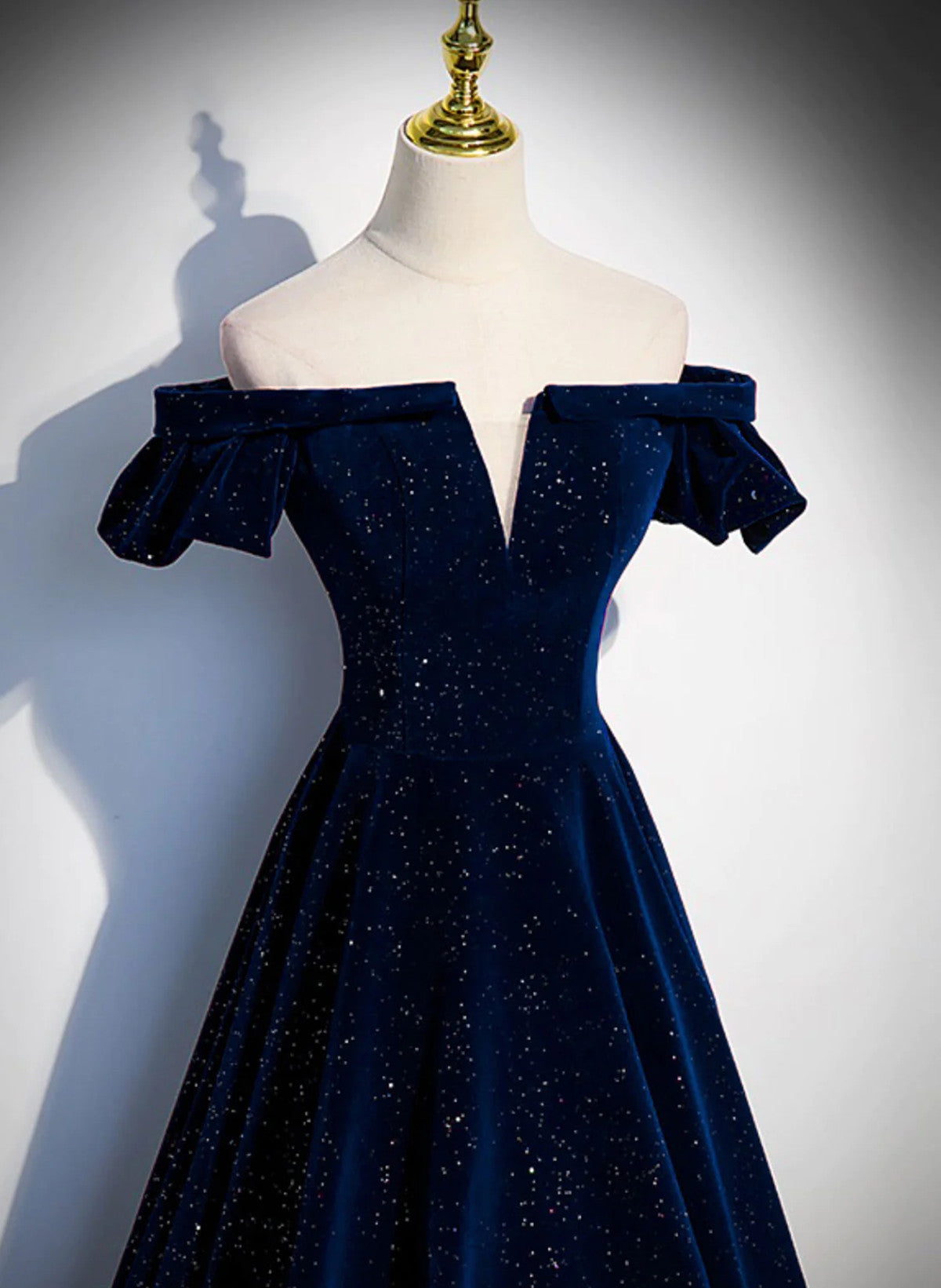 Tmallworld A-line Navy Blue Velvet Long Party Dress Prom Dress, Off Shoulder Navy Blue Formal Dress