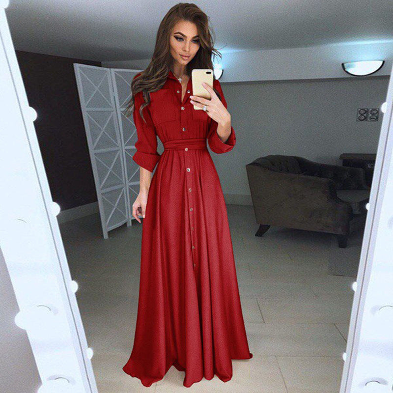 SWVWS Women's New Cross-Border  plus Size Women's Dress Chiffon Solid Color Long Sleeve Button Lace-up Dress