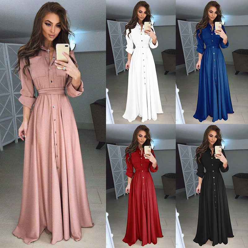 SWVWS Women's New Cross-Border  plus Size Women's Dress Chiffon Solid Color Long Sleeve Button Lace-up Dress