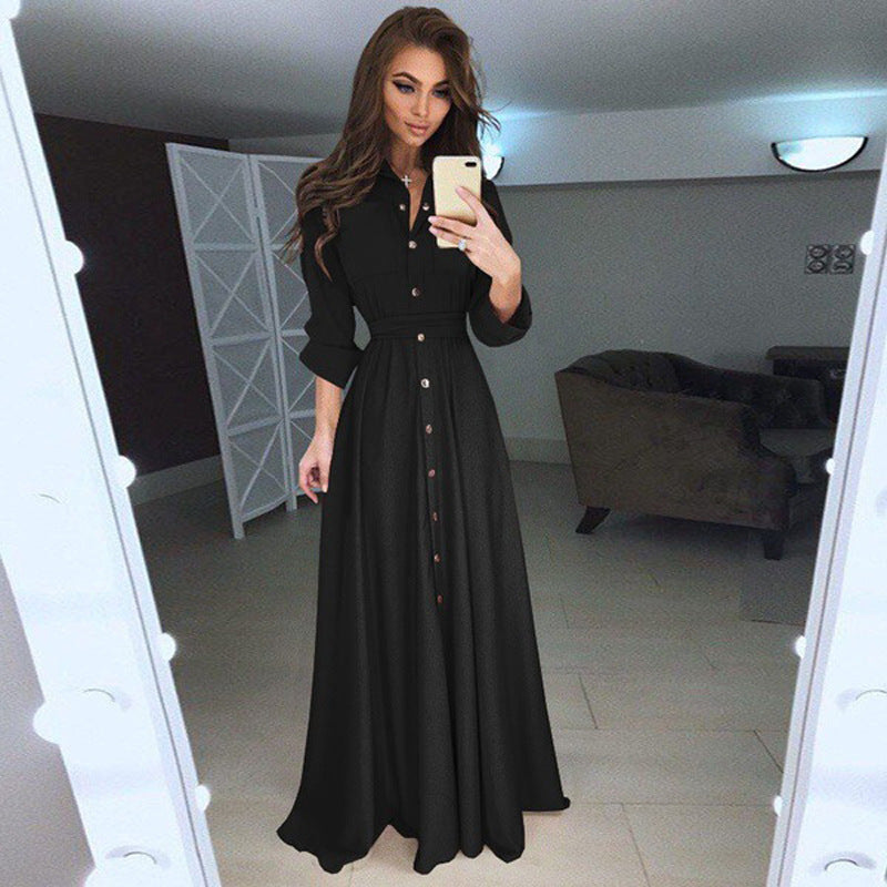 SWVWS Women's New Cross-Border  plus Size Women's Dress Chiffon Solid Color Long Sleeve Button Lace-up Dress