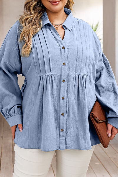 swvws Plus Size High-Low Button Up Dropped Shoulder Shirt