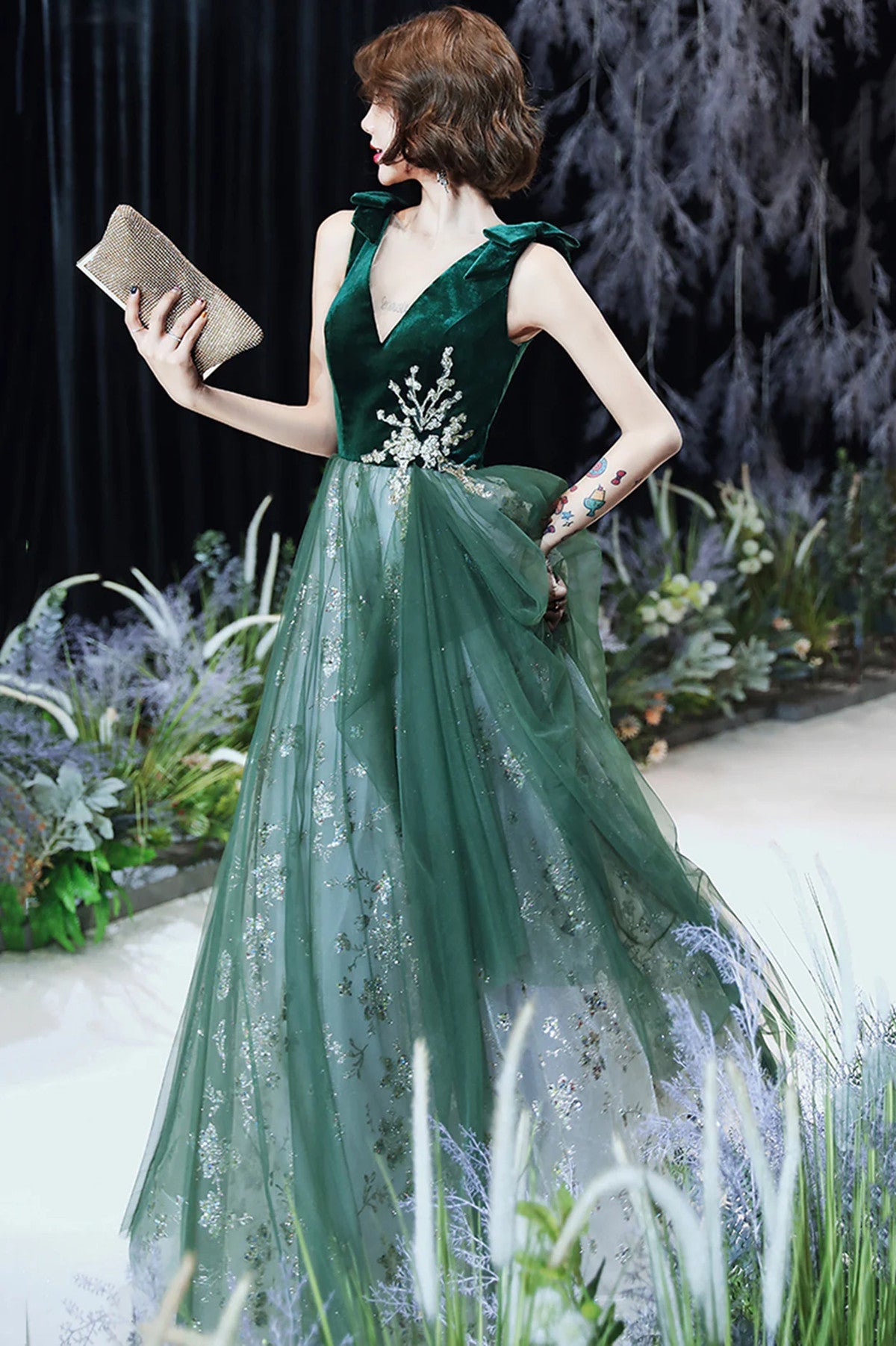 Tmallworld A-line Green Tulle and Velvet Long Formal Dress, Green Tulle Party Dress Prom Dress