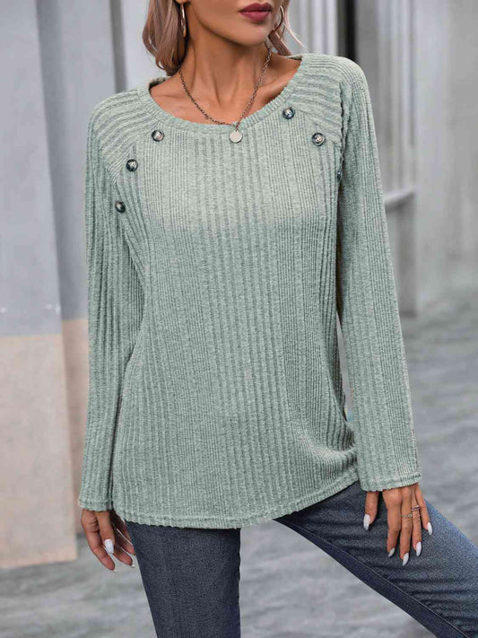 swvws Ribbed Buttoned Round Neck Long Sleeve T-Shirt