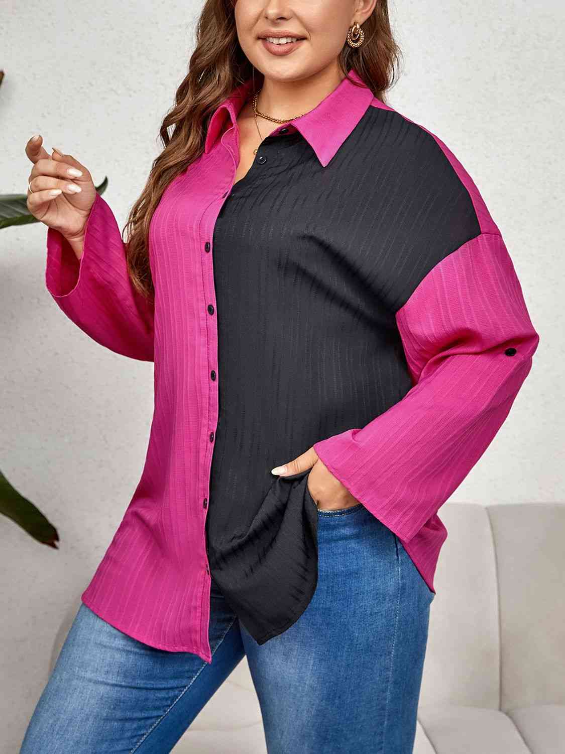 swvws Plus Size Contrast Color Roll-Tap Sleeve Shirt