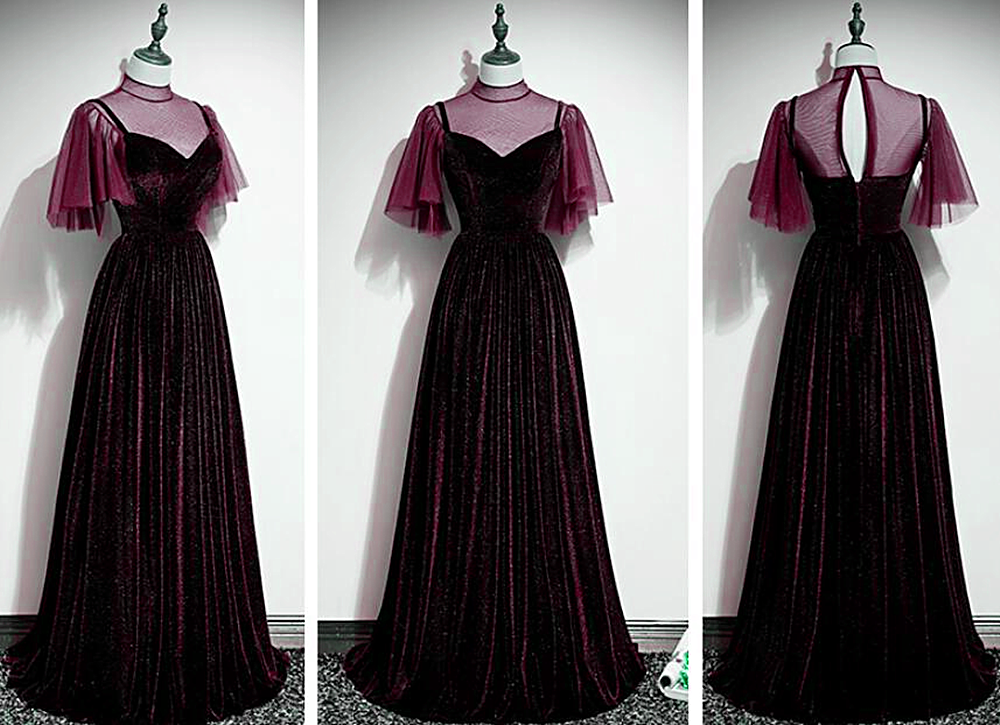 Tmallworld Wine Red Velvet A-line Long High Neckline Party Dress, Wine Red Long Bridesmaid Dress