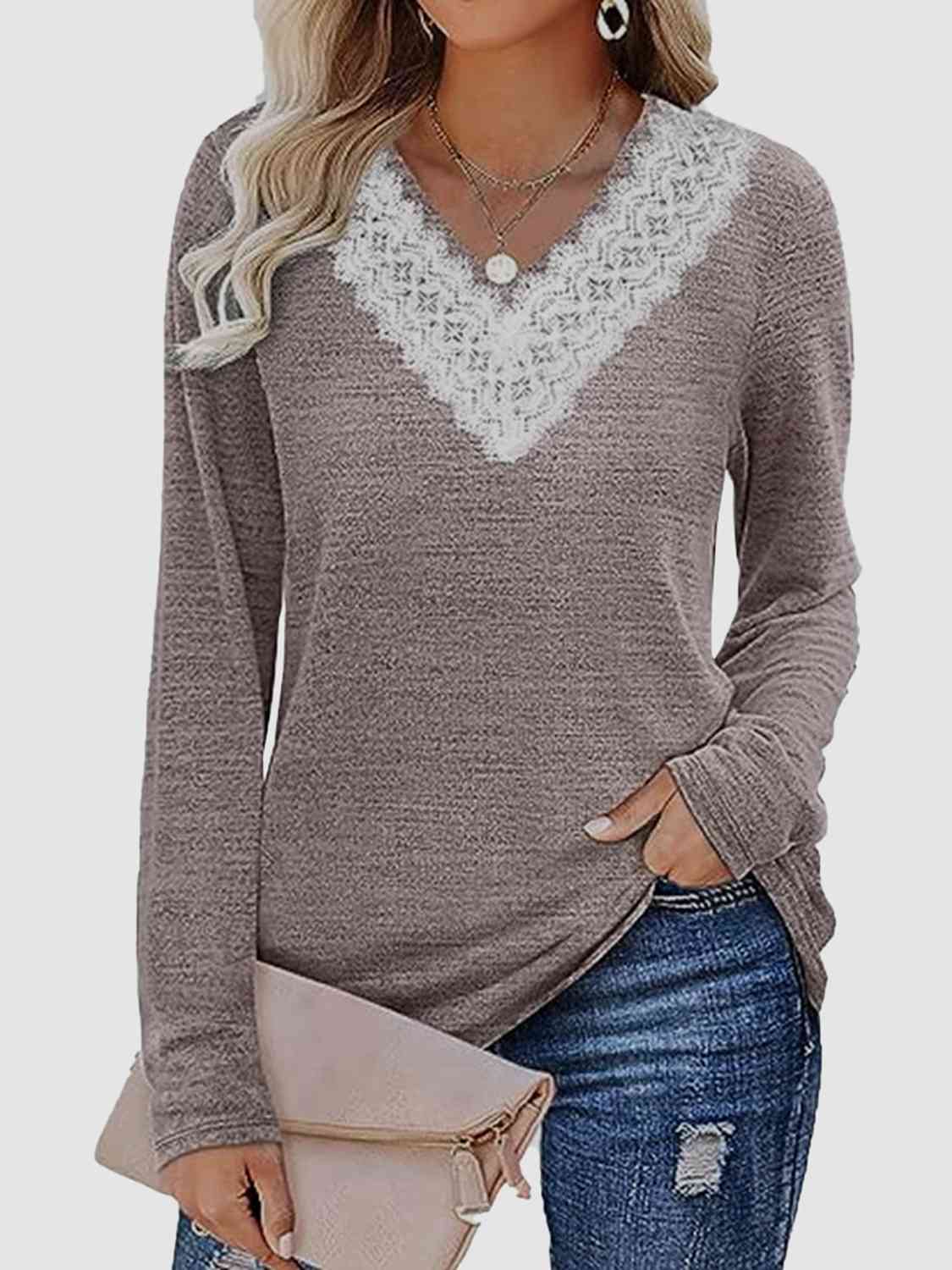 swvws Lace Detail V-Neck Long Sleeve Top