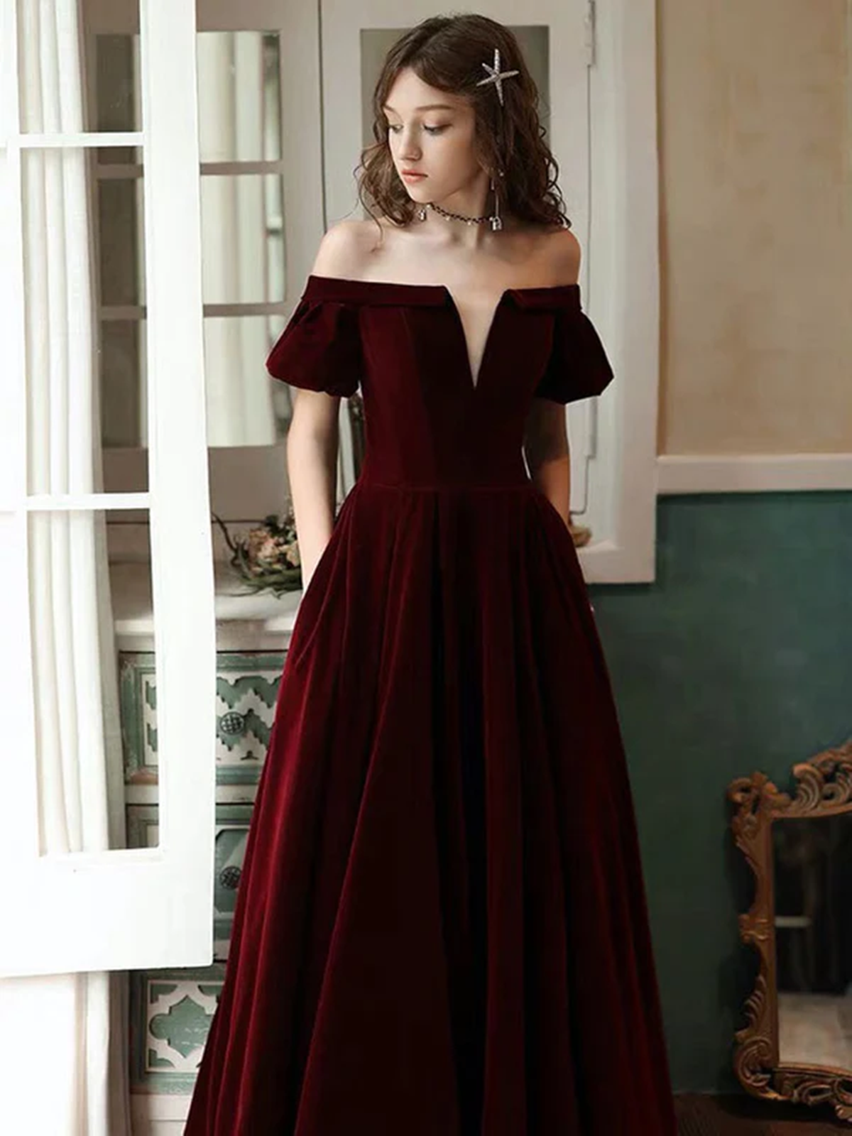 Tmallworld Wine Red Velvet Off Shoulder Long Party Dress, A-line Velvet Long Prom Dress