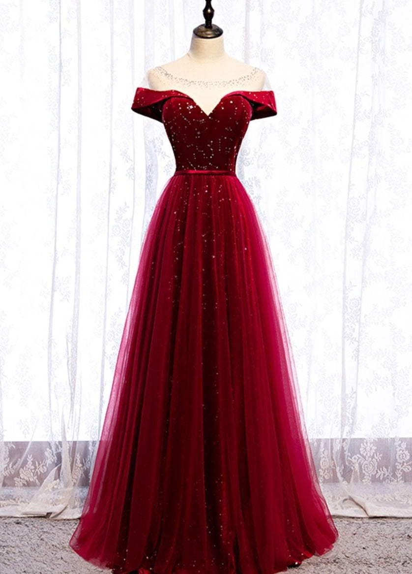 Tmallworld Glam Wine Red Tulle with Velvet Long Party Dress, Dark Red Formal Dress Prom Dress