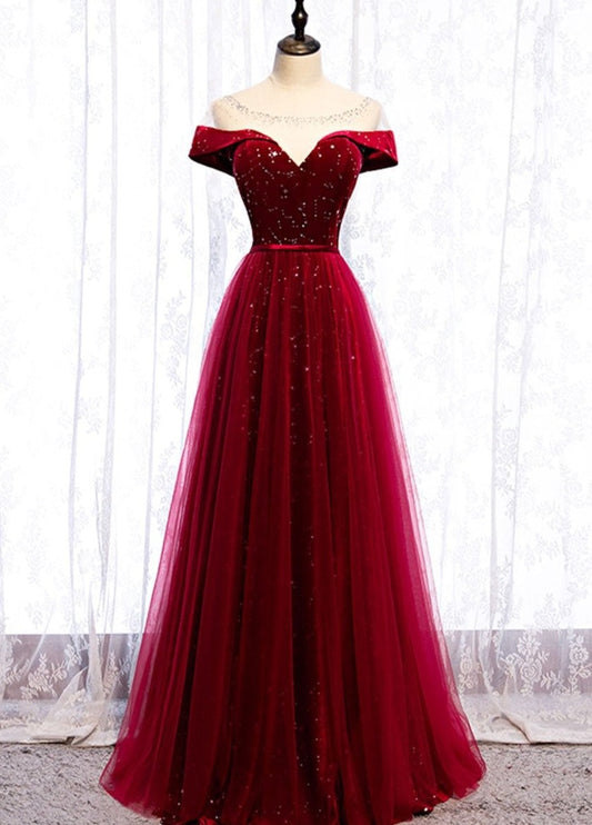 Tmallworld Glam Wine Red Tulle with Velvet Long Party Dress, Dark Red Formal Dress Prom Dress