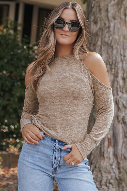 swvws Heathered Round Neck Cold Shoulder T-Shirt