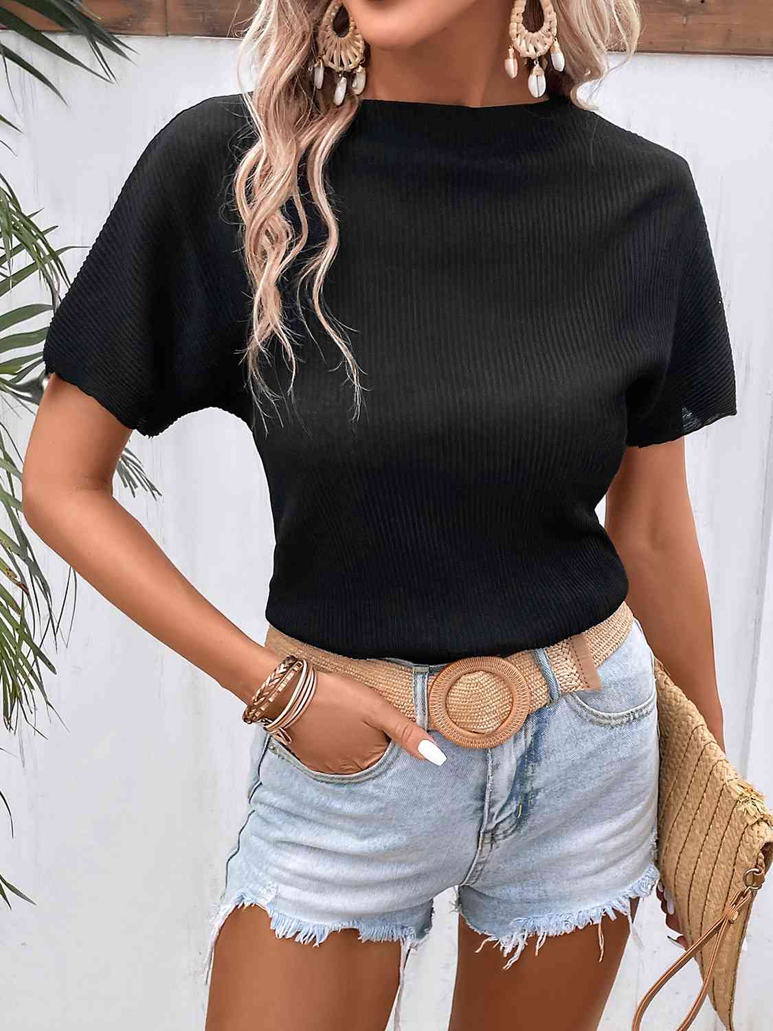 swvws Ribbed Round Neck Short Sleeve T-Shirt