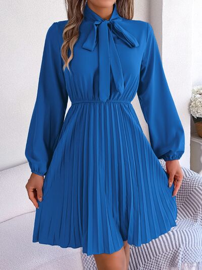 swvws Tie Neck Balloon Sleeve Pleated Dress