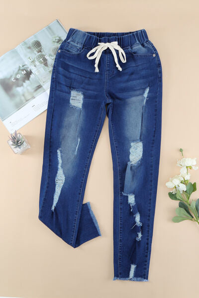 swvws Drawstring Distressed Raw Hem Jeans with Pockets