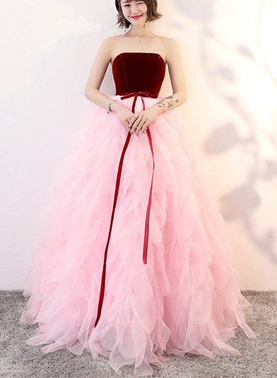 Tmallworld Lovely Pink Tulle and Wine Red Velvet Formal Gowns, Beautiful Party Dresses