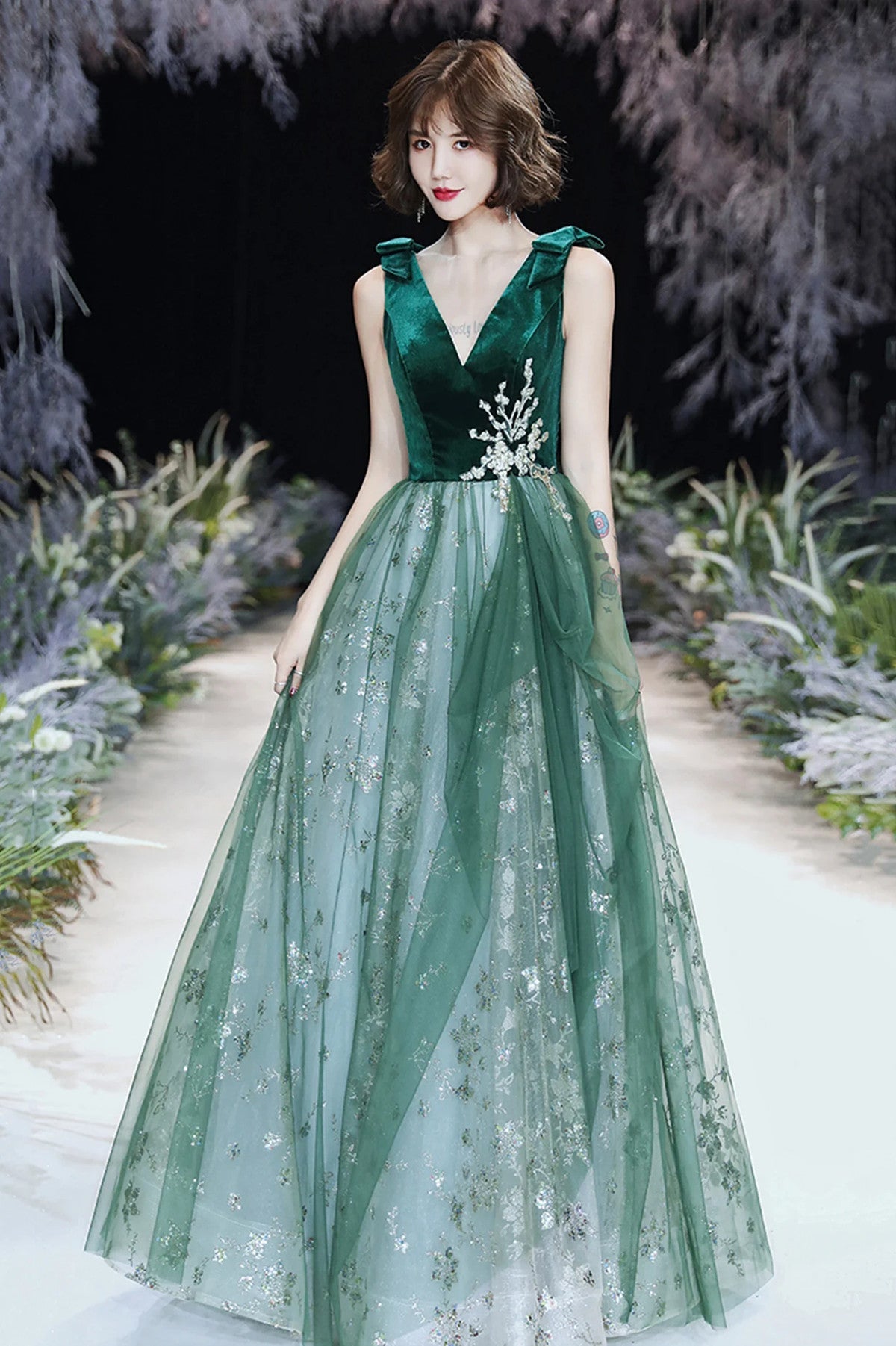 Tmallworld A-line Green Tulle and Velvet Long Formal Dress, Green Tulle Party Dress Prom Dress