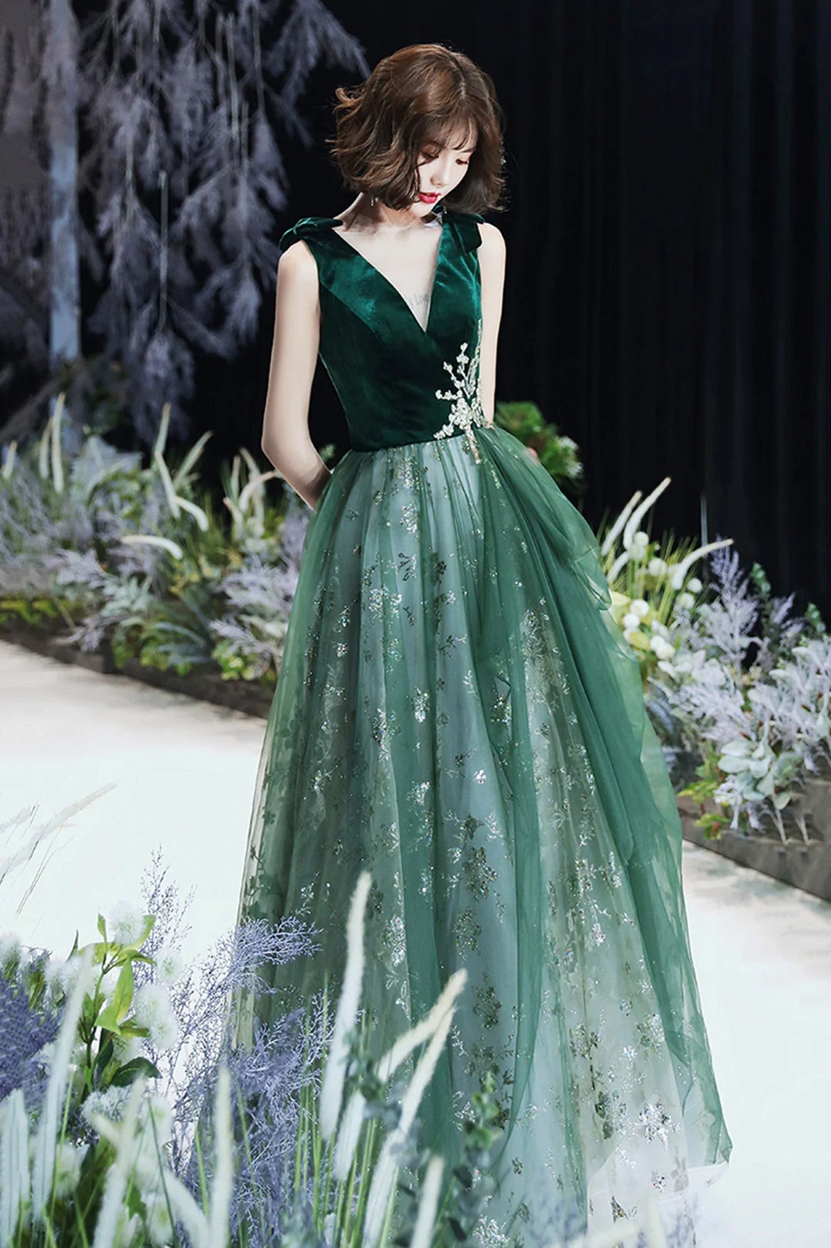 Tmallworld A-line Green Tulle and Velvet Long Formal Dress, Green Tulle Party Dress Prom Dress