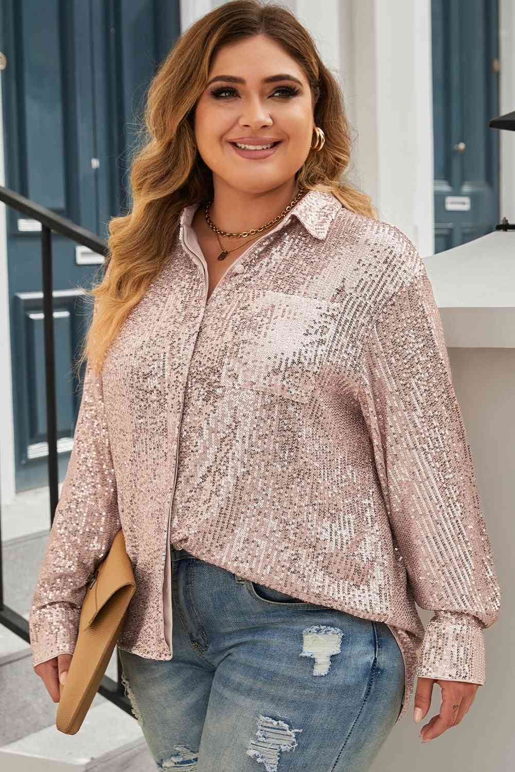 swvws Plus Size Sequin Long Sleeve Shirt