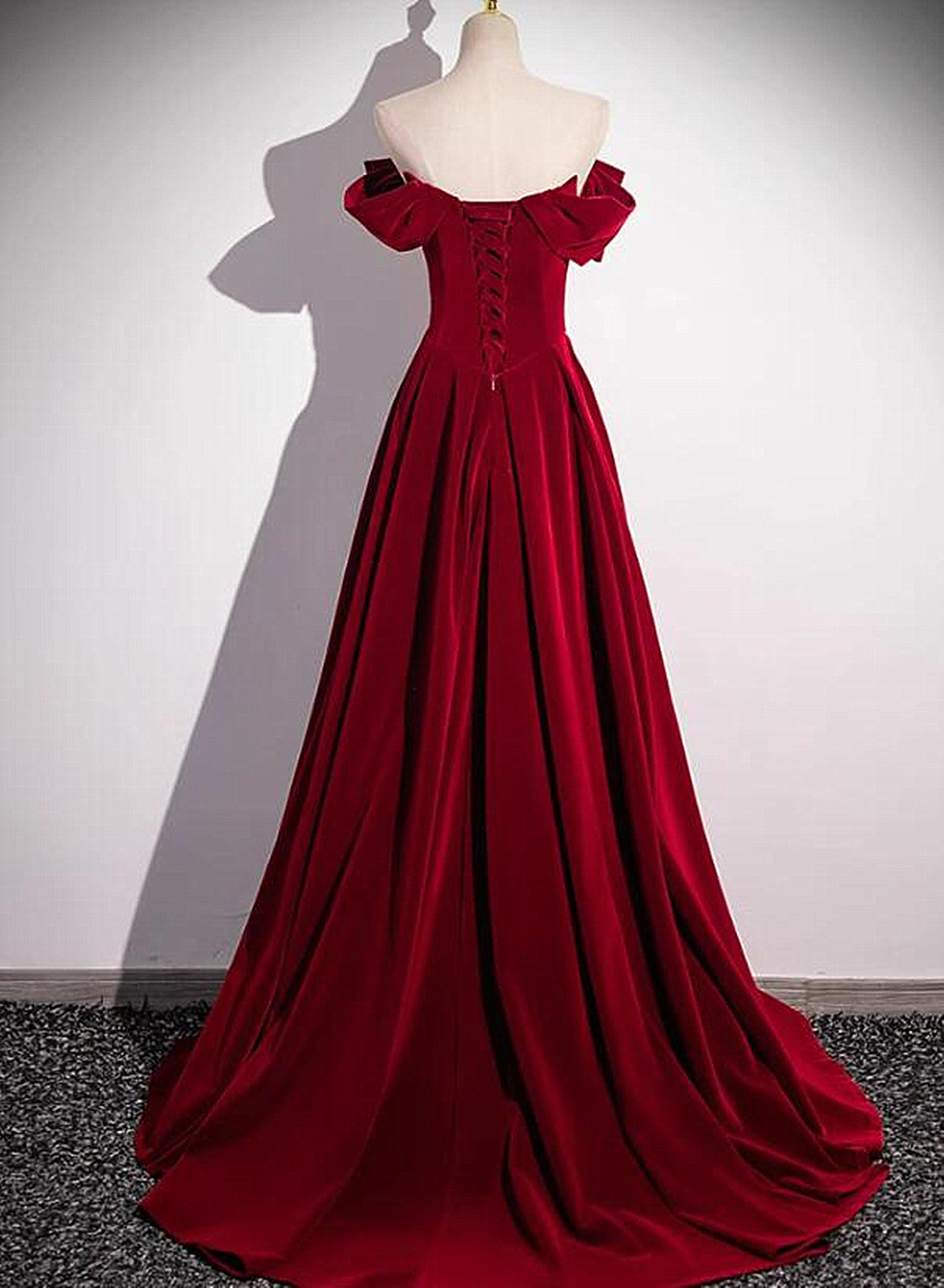 Tmallworld Off Shoulder Wine Red A-line Beaded Velvet Prom Dress, Wine Red Long Formal Dress