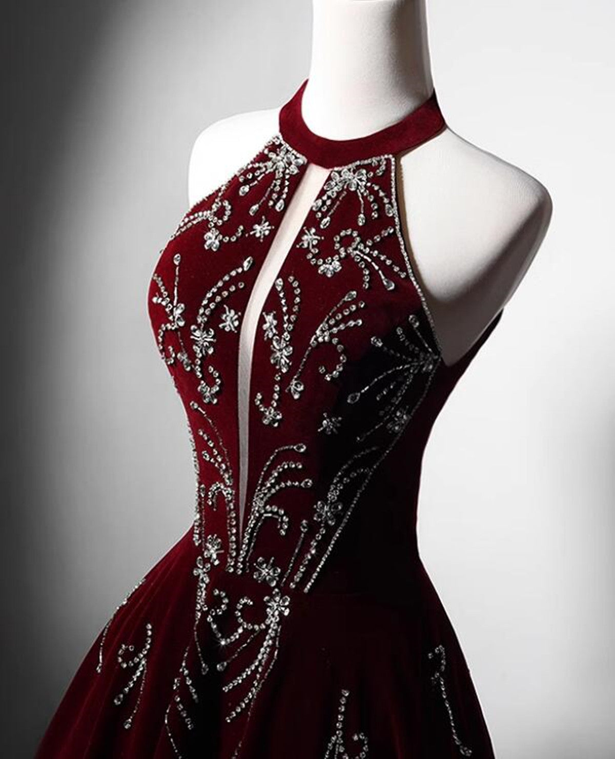 Tmallworld Wine Red Halter Velvet Long Beaded Prom Dress, A-line Velvet Formal Dress