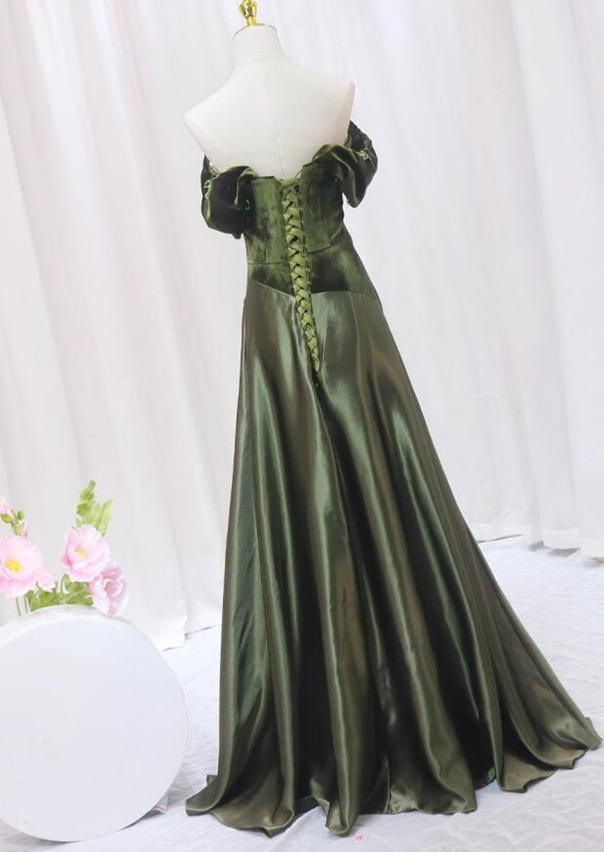 Tmallworld Green A-line Velvet Soft Satin Long Prom Dress, Green A-line Prom Dress