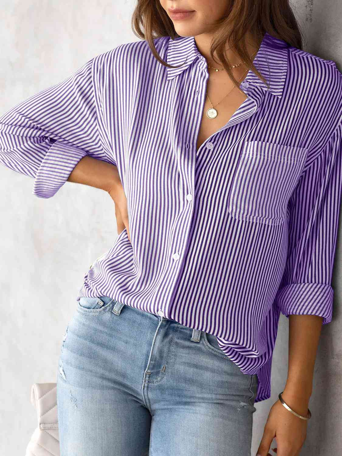 swvws Striped Collared Neck Shirt with Pocket