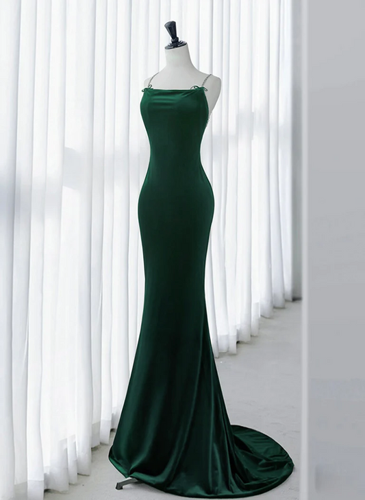 Tmallworld Green Velvet Mermaid Straps Long Formal Dress, Green Evening Dress Party Dress