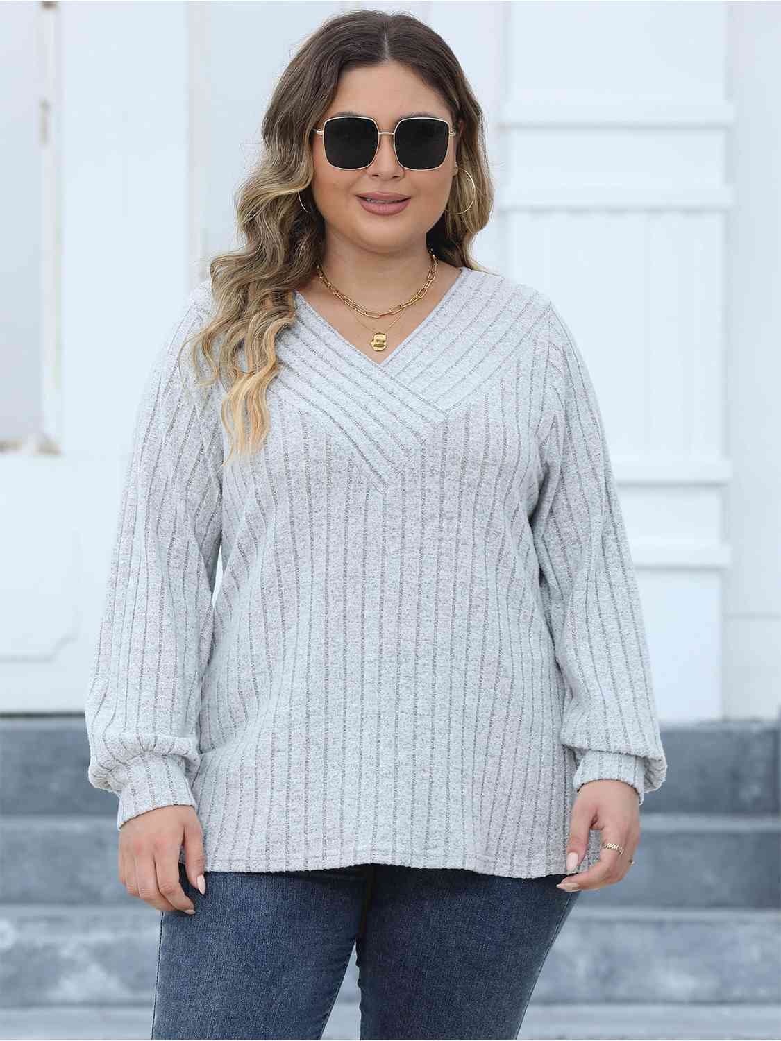 swvws Plus Size Ribbed V-Neck Long Sleeve Top