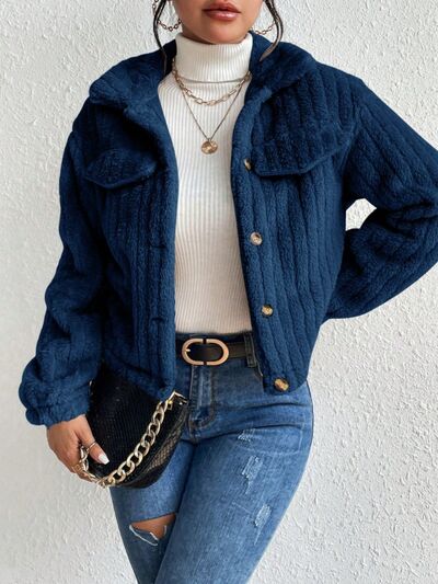 swvws Fuzzy Button Up Collared Neck Jacket