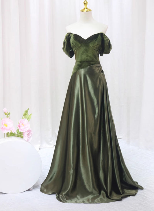 Tmallworld Green A-line Velvet Soft Satin Long Prom Dress, Green A-line Prom Dress