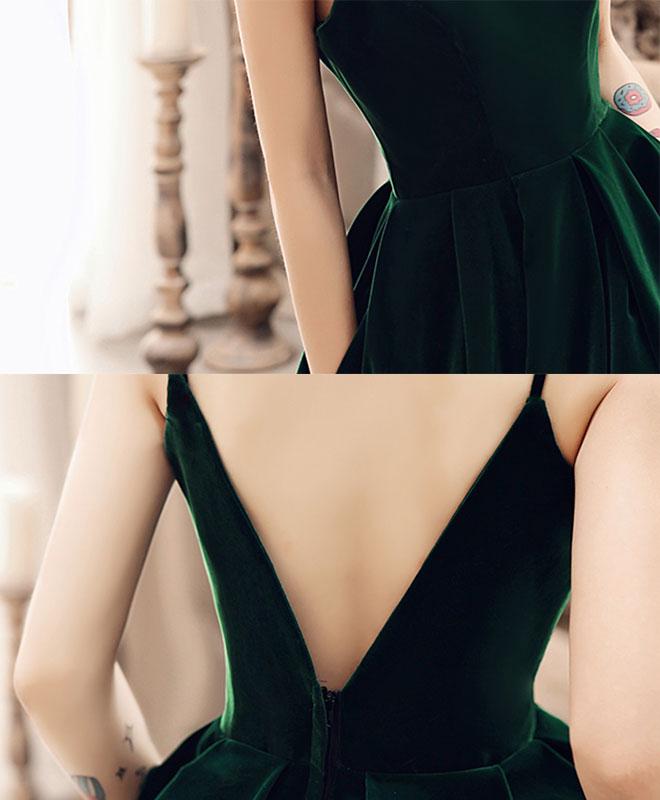 Tmallworld Dark Green V Back Long Velvet Elegant Party Dress, A-line Straps Bridesmaid Dress