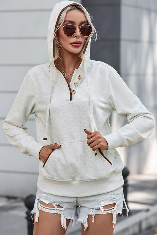 swvws Half Button Drawstring Long Sleeve Hoodie