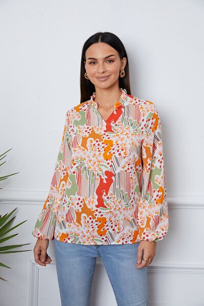 swvws Floral Frill Notched Long Sleeve Blouse