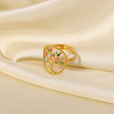 swvws Tree Shape Inlaid Zircon 18K Gold-Plated Ring