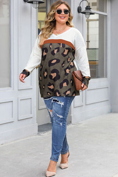 swvws Plus Size Leopard V-Neck Dropped Shoulder T-Shirt