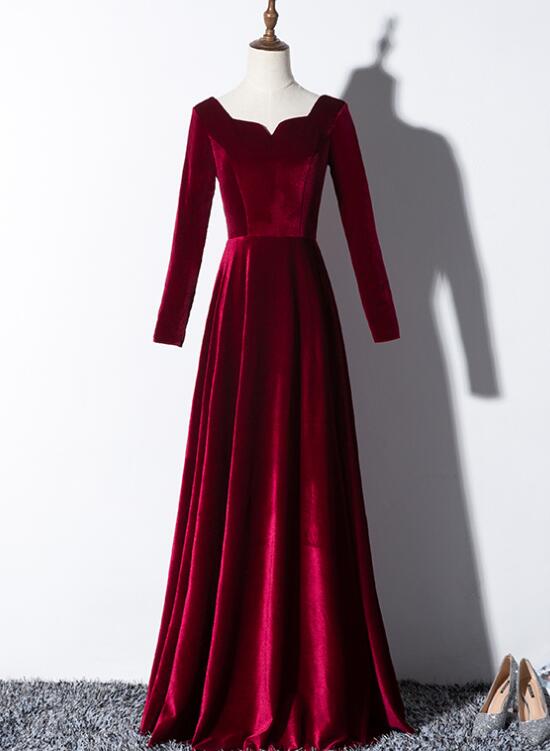 Tmallworld Beautiful Wine Red Velvet Long Sleeves Party Dress, Long Prom Dress