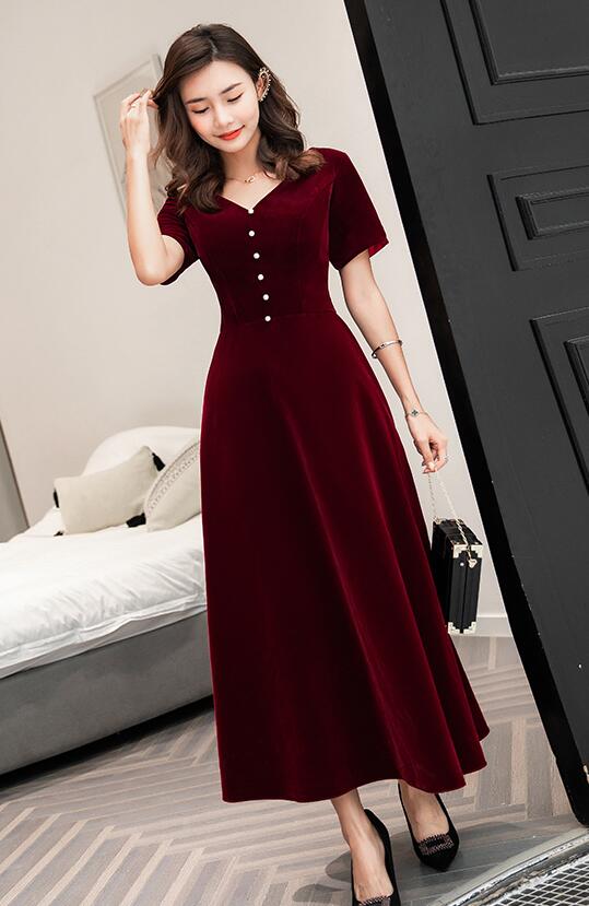 Tmallworld Wine Red Tea Length Short Sleeves Vintage Style Party Dress, Velvet Bridesmaid Dress