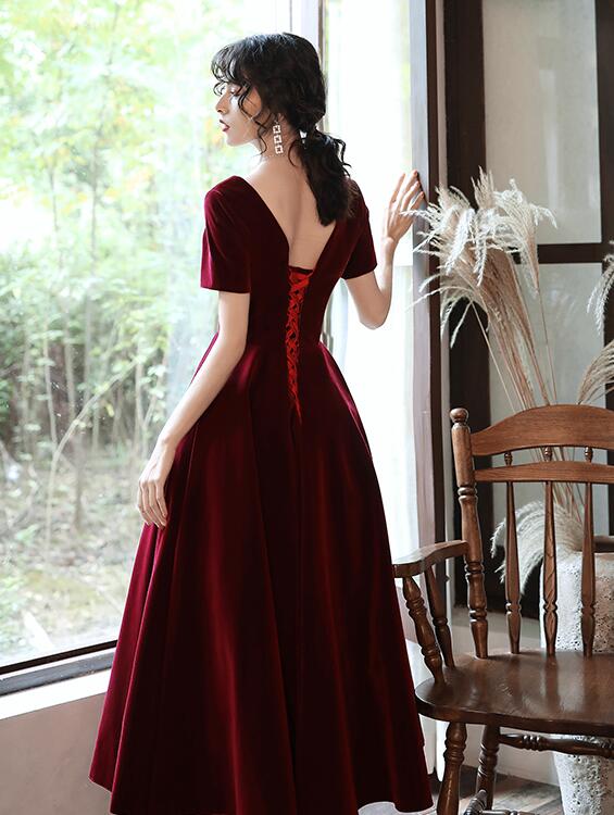 Tmallworld Wine Red Tea Length Short Sleeves Vintage Style Party Dress, Velvet Bridesmaid Dress