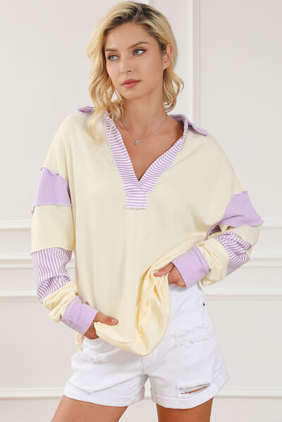 swvws Striped Contrast Johnny Collar Dropped Shoulder Sweatshirt