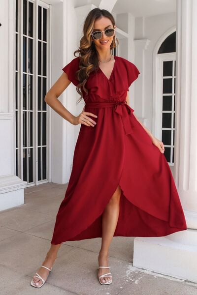 swvws Ruffled Surplice Tie Waist Slit Midi Dress