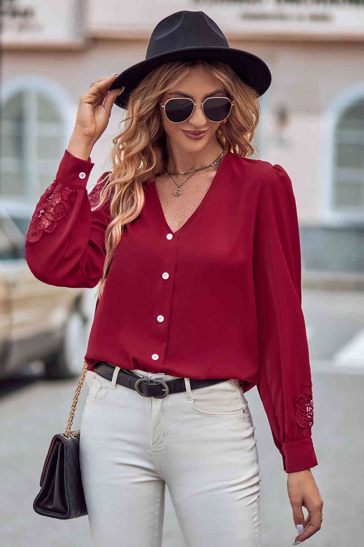 swvws Spliced Lace V-Neck Puff Sleeve Shirt