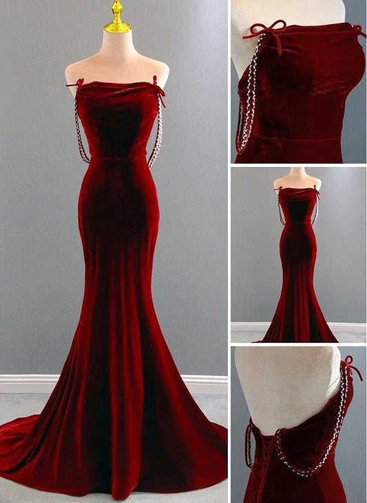 Tmallworld Charming Mermaid Wine Red Long Velvet Evening Dress, Wine Red Long Party Dress