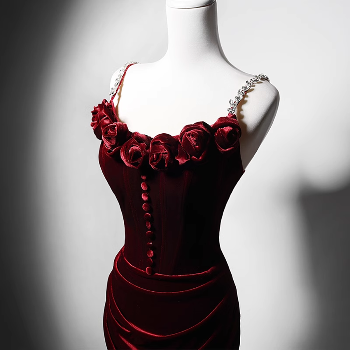 Tmallworld Wine Red Velvet Mermaid Long Straps Evening Dress, Wine Red Velvet Party Dress