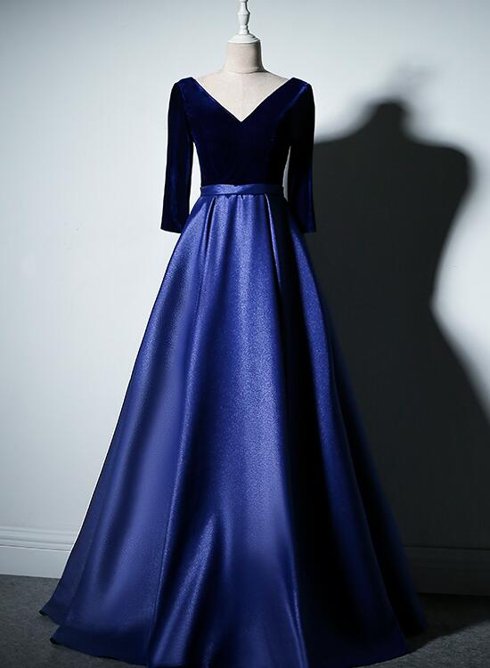 Tmallworld Charming Royal Blue Satin with Velvet Long Prom Dress, Bridesmaid Dress