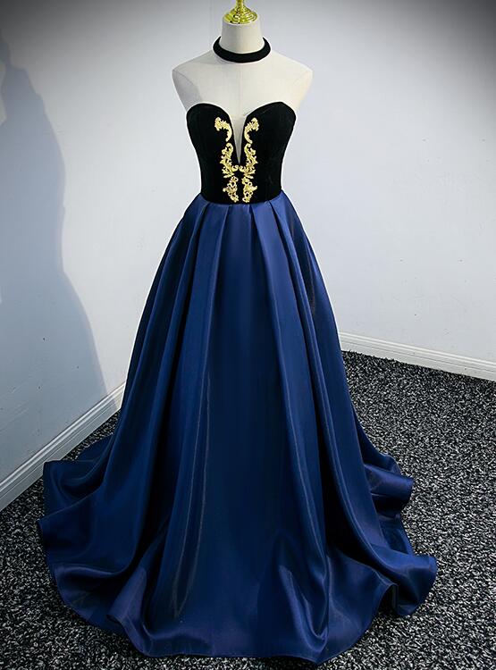 Tmallworld Beautiful Navy Blue Satin Halter Long Party Dress, Satin with Velvet Prom Dress